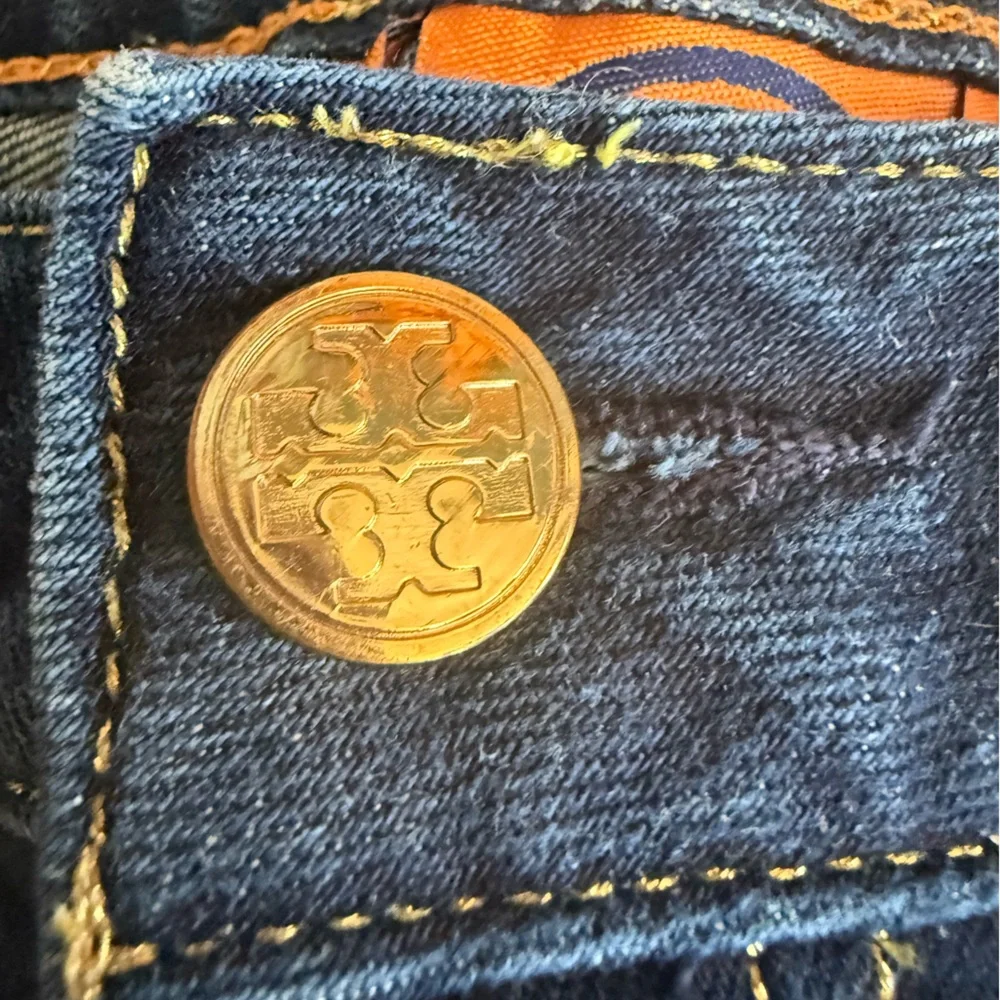 403 Tory Burch Cropped Slim Skinny Jeans Dark Wash Gold Zip Ankle 26 Designer